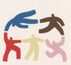 Ilustración de personas colaborando, prevención laboral y salud mental en la empresa